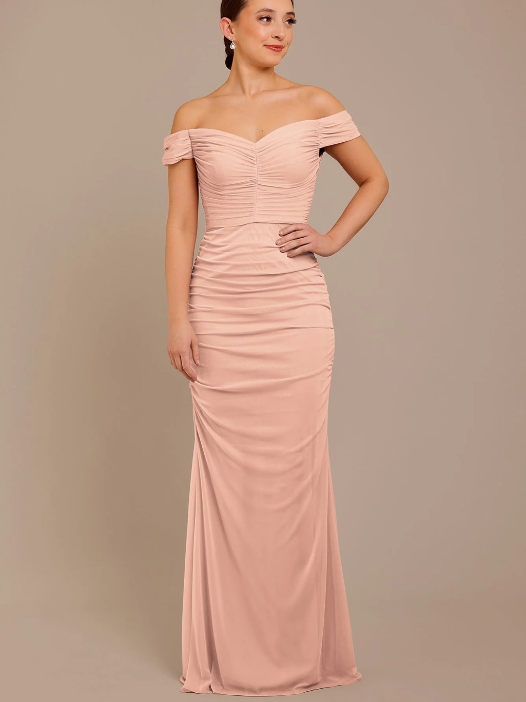 David’s Bridal | Mesh Off-The-Shoulder Ruched Dress